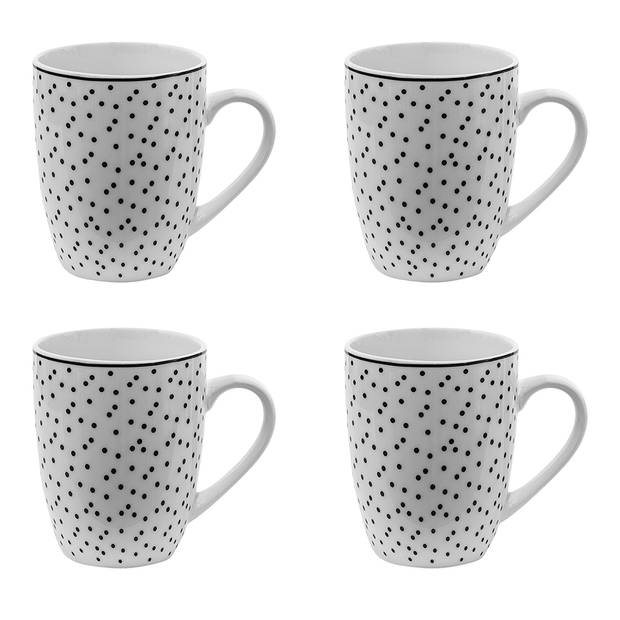 HAES DECO - Mokken set van 4 - 12x8x10 cm / 350 ml - met Zwarte Stippen - Small Dots