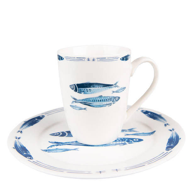 HAES DECO - Mokken set van 4 - 12x9x11 cm / 330 ml - met Vissen - Fishy Blue