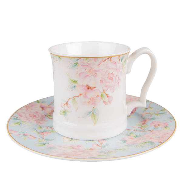 HAES DECO - Mokken set van 4 - 13x9x9 cm / 414 ml - met Bloemen - Blooming Peony