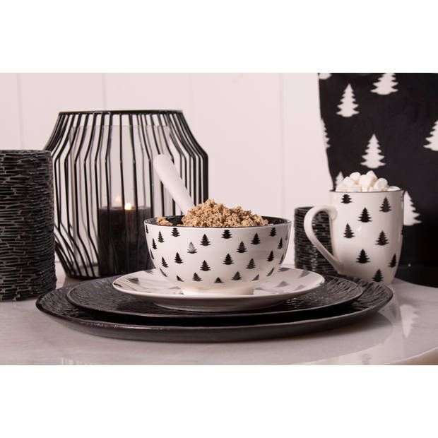 HAES DECO - Ontbijtborden set van 4 - Formaat Ø 20x2 cm - Porselein - Black & white X-mas