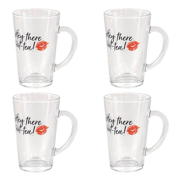 HAES DECO - Mokken set van 4 - 11x8x13 cm / 300 ml - met tekst &quot;Hey there hot tea!&quot; - Red Lips