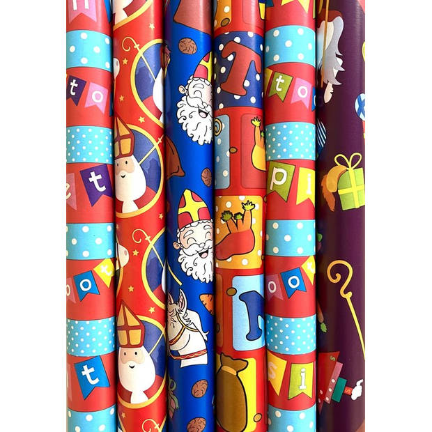 Sinterklaas Sint Inpakpapier Cadeaupapier - 70 cm x 3 meter - 6 rollen - Incl. 20 naamstickers