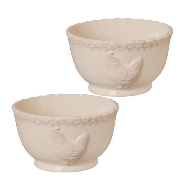 HAES DECO - Set van 2 Soepkommen / Mueslischalen - Ø 13x7 cm / 350 ml - Beige - Keramiek - Chicken