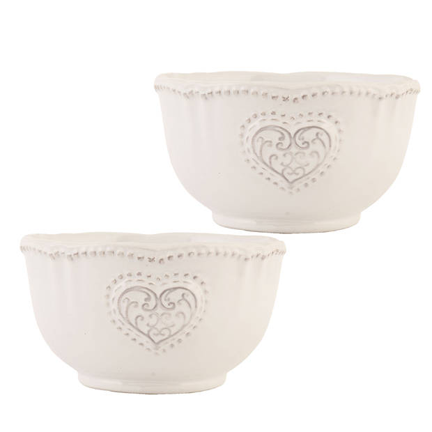 HAES DECO - Set van 2 Soepkommen / Mueslischalen - Ø 12x7 cm / 350 ml - Beige - Keramiek - Heart