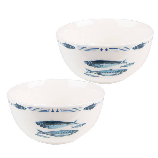 HAES DECO - Set van 2 Soepkommen / Mueslischalen - Ø 14x7 cm / 500 ml - Wit - Porselein - Fishy Blue