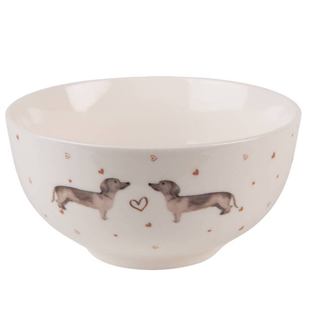 HAES DECO - Set van 2 Soepkommen / Mueslischalen - Ø 14x7 cm / 500 ml - Bruin Wit - Keramiek - Dachshund Love