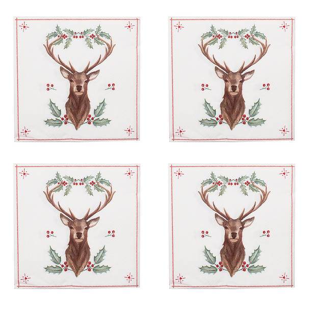 HAES DECO - Set van 4 Wegwerpservetten - 33x33 cm (20 stuks in verpakking) - Papier - Holly Christmas