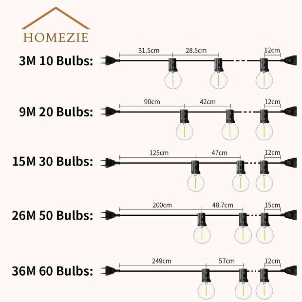 Homezie Lichtsnoer 36 meter met 60 LED bulbs Waterdicht Warm wit Koppelbaar & Dimbaar Lampjes slinger