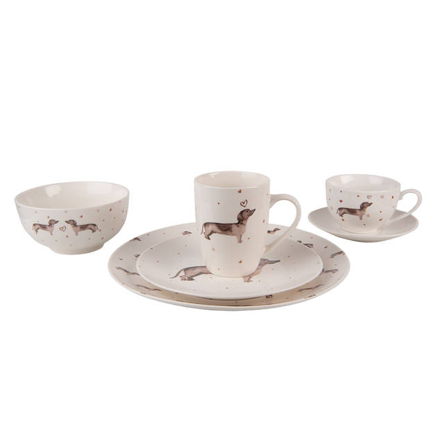 HAES DECO - Dinerborden set van 4 - Formaat Ø 26x2 cm - Porselein - Dachshund Love