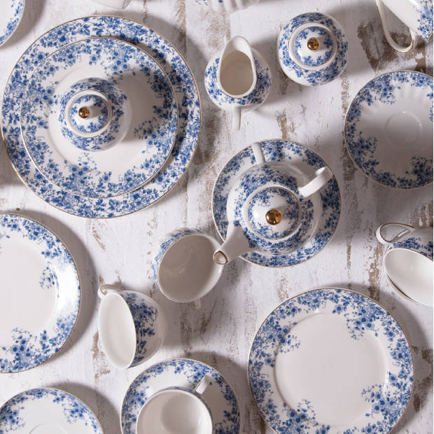 HAES DECO - Dinerborden set van 4 - Formaat Ø 26x2 cm - Porselein - Blue Flowers