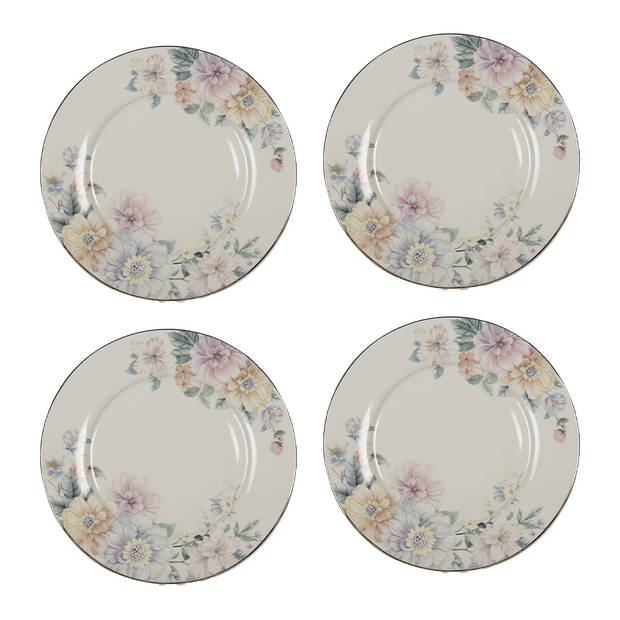 HAES DECO - Dinerborden set van 4 - Formaat Ø 26x2 cm - Porselein - Flowers