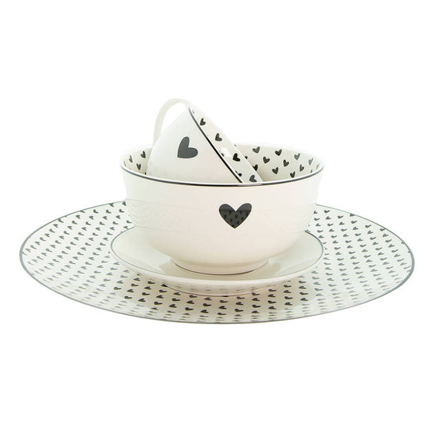 HAES DECO - Dinerborden set van 4 - Formaat Ø 26x2 cm - Porselein - Love birds