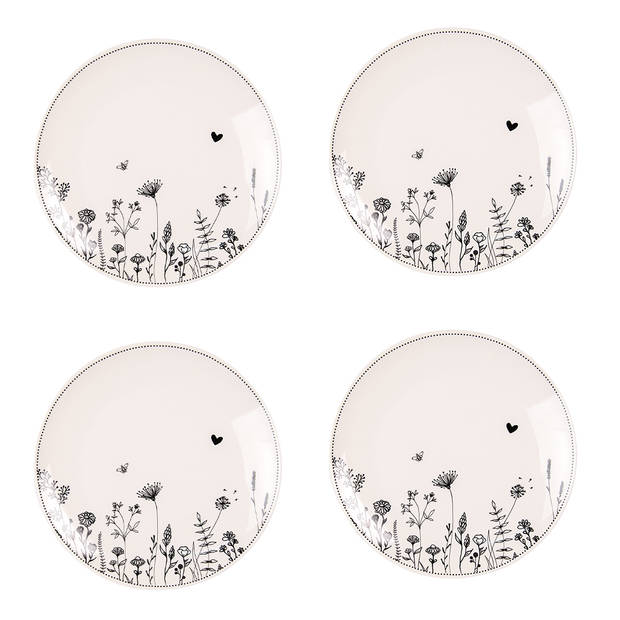 HAES DECO - Dinerborden set van 4 - Formaat Ø 26x2 cm - Porselein - Flora and Fauna servies