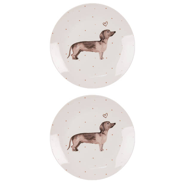 HAES DECO - Ontbijtborden set van 2 - Formaat Ø 20x2 cm - Porselein - Dachshund Love