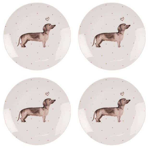 HAES DECO - Ontbijtborden set van 4 - Formaat Ø 20x2 cm - Porselein - Dachshund Love