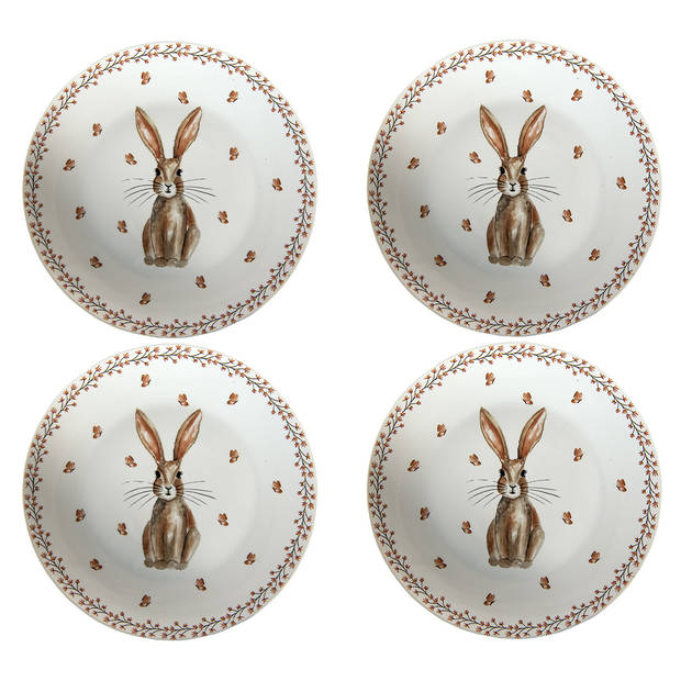 HAES DECO - Ontbijtborden set van 4 - Formaat Ø 20x2 cm - Porselein - Rustic Easter Bunny