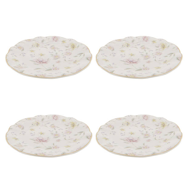 HAES DECO - Ontbijtborden set van 4 - Formaat Ø 19x2 cm - Porselein - Tableware flowers