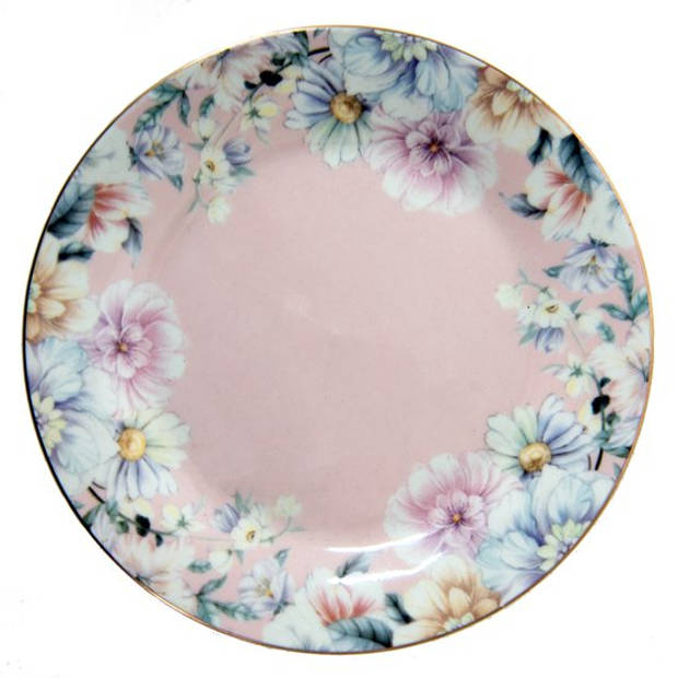 HAES DECO - Ontbijtborden set van 4 - Formaat Ø 18x2 cm - Porselein - Flowers
