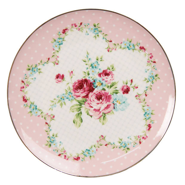 HAES DECO - Ontbijtborden set van 4 - Formaat Ø 21x2 cm - Porselein - Pink Elegance