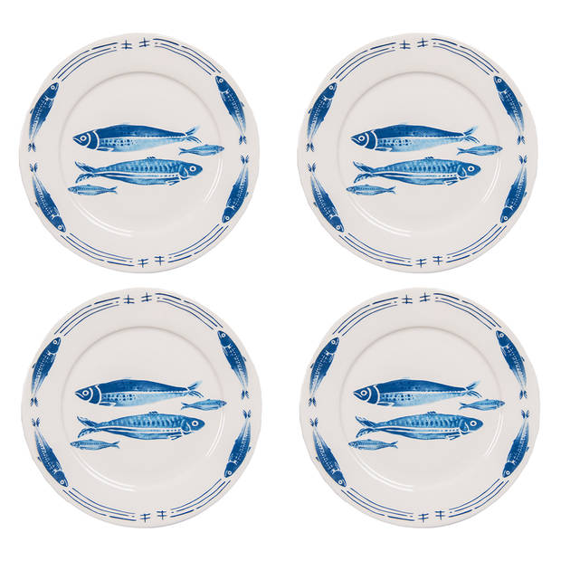 HAES DECO - Ontbijtborden set van 4 - Formaat Ø 20x2 cm - Porselein - Fishy Blue