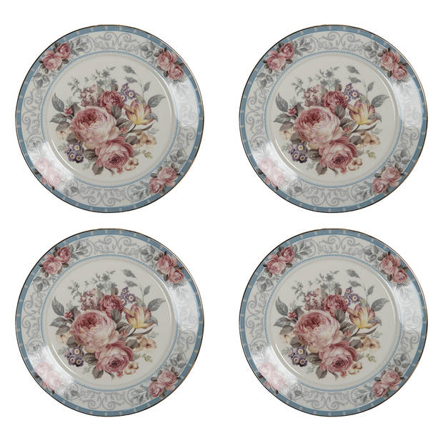 HAES DECO - Ontbijtborden set van 4 - Formaat Ø 21x2 cm - Porselein - Peony Chique