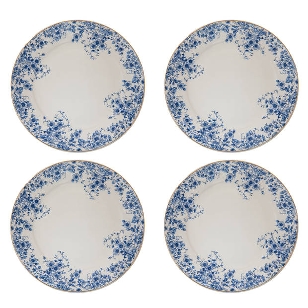 HAES DECO - Ontbijtborden set van 4 - Formaat Ø 21x2 cm - Porselein - Blue Flowers