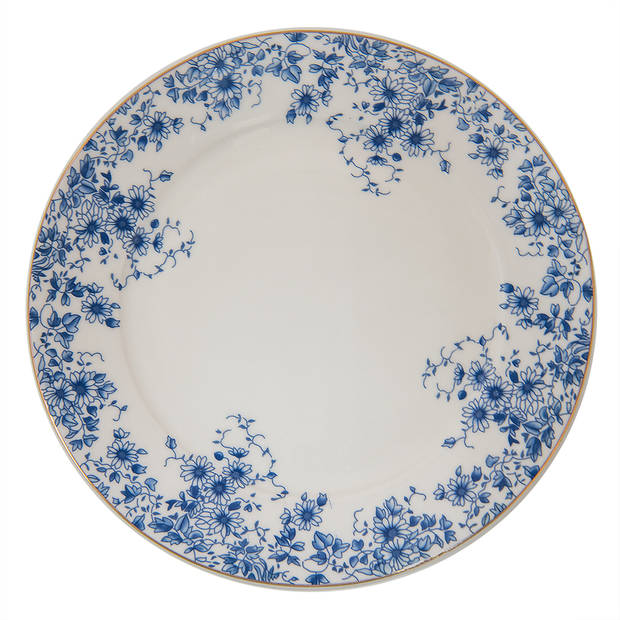 HAES DECO - Ontbijtborden set van 4 - Formaat Ø 21x2 cm - Porselein - Blue Flowers