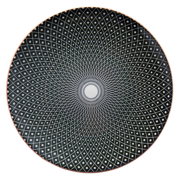 HAES DECO - Ontbijtborden set van 4 - Formaat Ø 21x1 cm - Aardewerk - Black Spiral