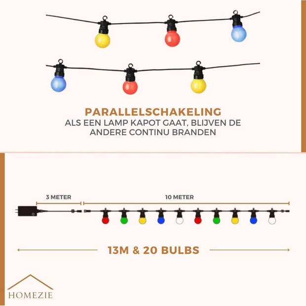 Homezie Lichtsnoer 13 meter met 20 LED bulbs RGB Waterdicht Koppelbaar & Dimbaar Lampjes slinger