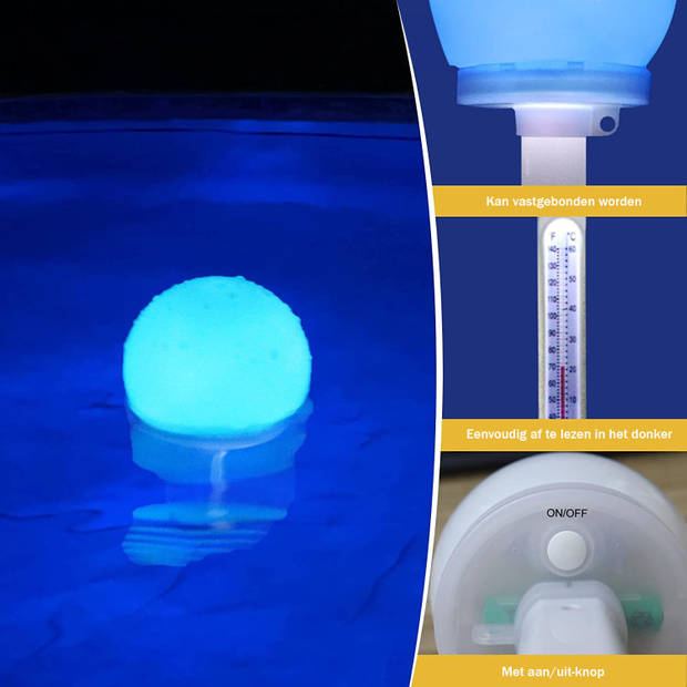 InflaGlow Solar drijvende Zwembad Thermometer met RGB LED verlichting - Bol vorm - Werkt op Zonne-energie