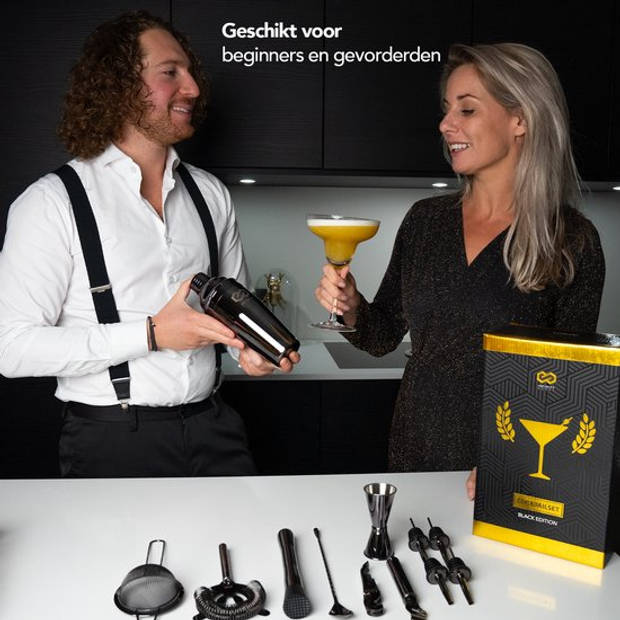 Infinity Goods Cocktailset - 15 Delige Zwarte Cocktail Shaker Set - Luxe Cadeauverpakking - Inclusief Recepten - Zwart