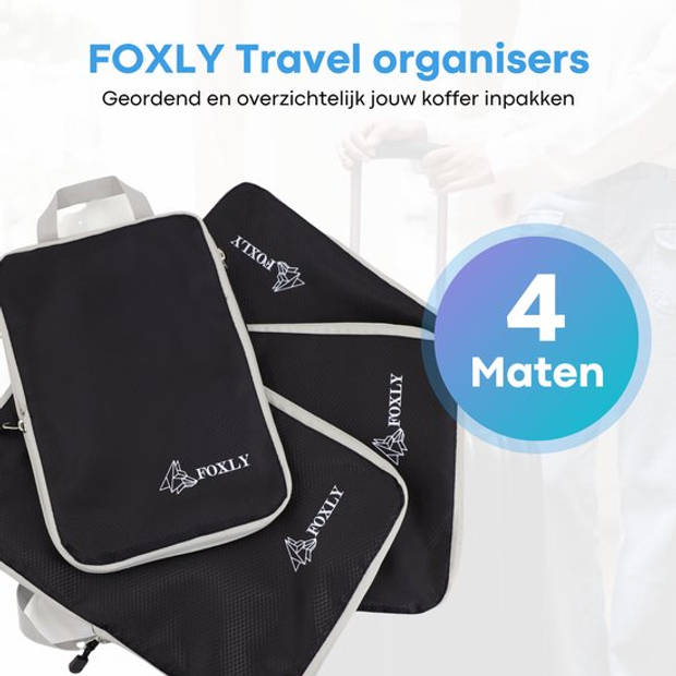 FOXLY® Compression Packing Cubes 4-delige set - Koffer Organizer - Zwart