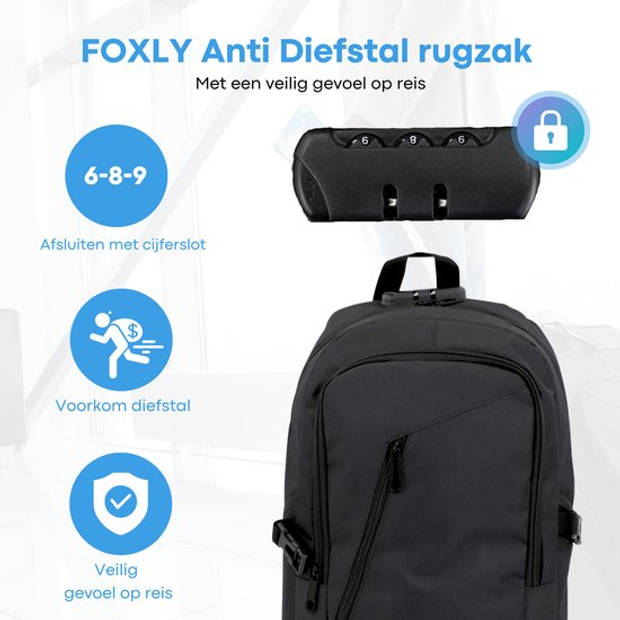 FOXLY® Waterdichte Rugzak - Anti Diefstal - Inclusief Usb Oplaadstation - Laptoptas - Unisex - Schooltas - Zwart