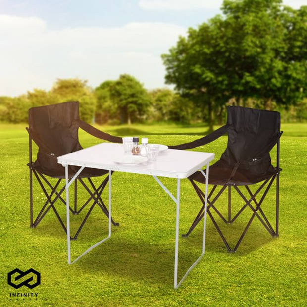Infinity Goods Campingset - 2 Vouwstoelen met campingtafel - Zwart & Inklapbare Tuintafel - Tuin- en Kampeermeubilair
