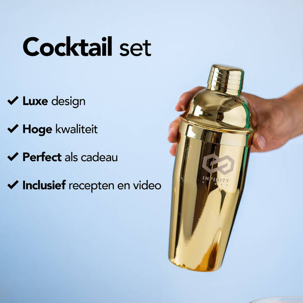 Infinity Goods Cocktailset - Gouden Cocktail Shaker Set van 15 Stuks - Luxe Geschenkdoos - Inclusief Recepten -