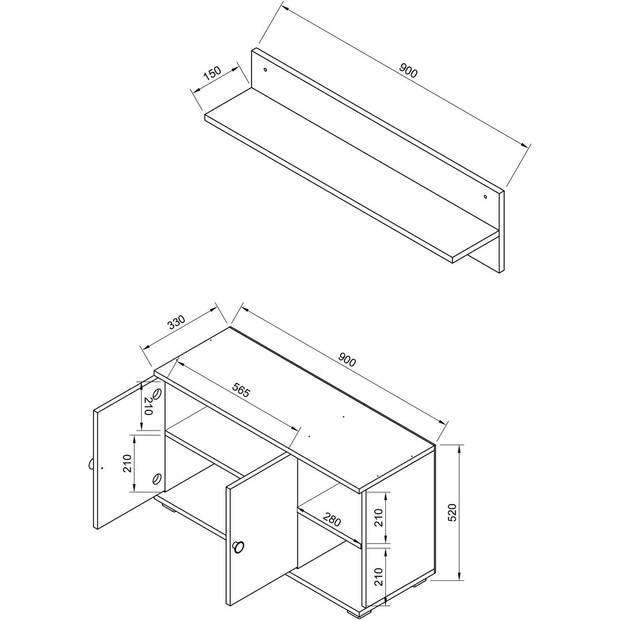 GadosL garderobe opstelling 2 deuren 2 planken wit, eik decor.