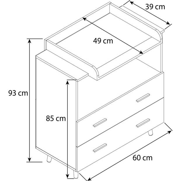 Landos luiertafel 2 laden 1 plank wit, eik decor.