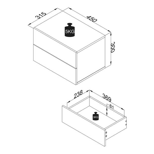 UsalL45 nachtkastje wandmontage 2 laden wit.