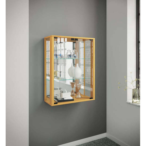 Udina vitrinekast wandmontage met spiegel 2 glazen deuren Incl. LED-verlichting beuken decor.