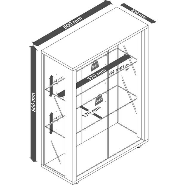 Udina vitrinekast wandmontage met spiegel 2 glazen deuren Incl. LED-verlichting zilverkleurig.