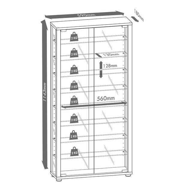 VitrosaMaxi vitrinekast wandmontage met spiegel 2 glazen deuren beuken decor.