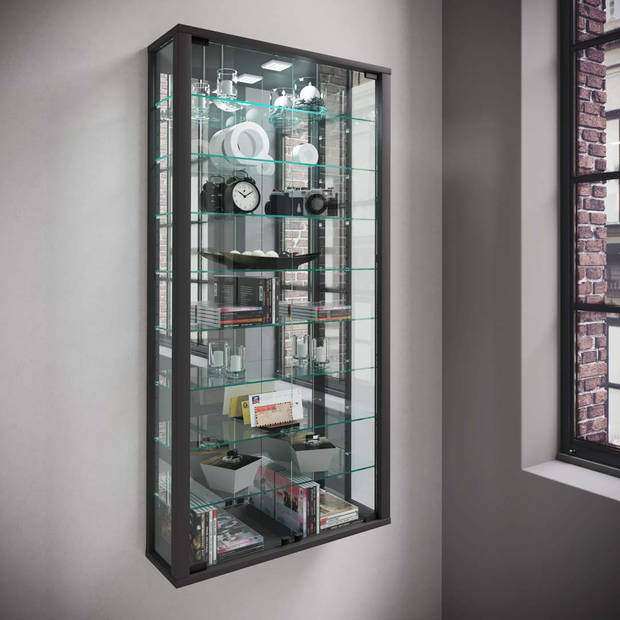 VitrosaMaxi vitrinekast wandmontage met spiegel 2 glazen deuren Incl. LED-verlichting zwart.