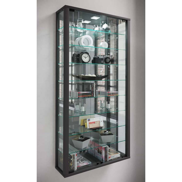 VitrosaMaxi vitrinekast wandmontage met spiegel 2 glazen deuren Incl. LED-verlichting zwart.