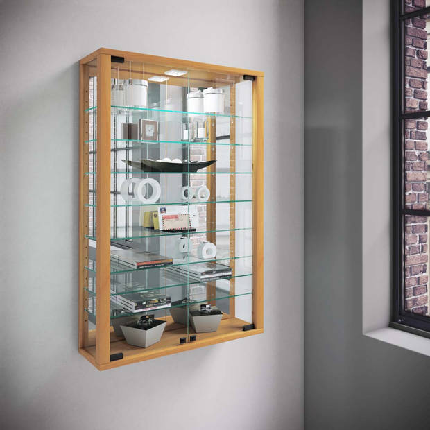 VitrosaMini vitrinekast wandmontage met spiegel 2 glazen deuren Incl. LED-verlichting beuken decor.