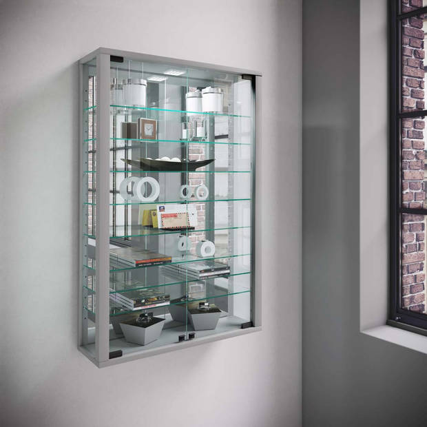 VitrosaMini vitrinekast wandmontage met spiegel 2 glazen deuren Incl. LED-verlichting zilverkleurig.