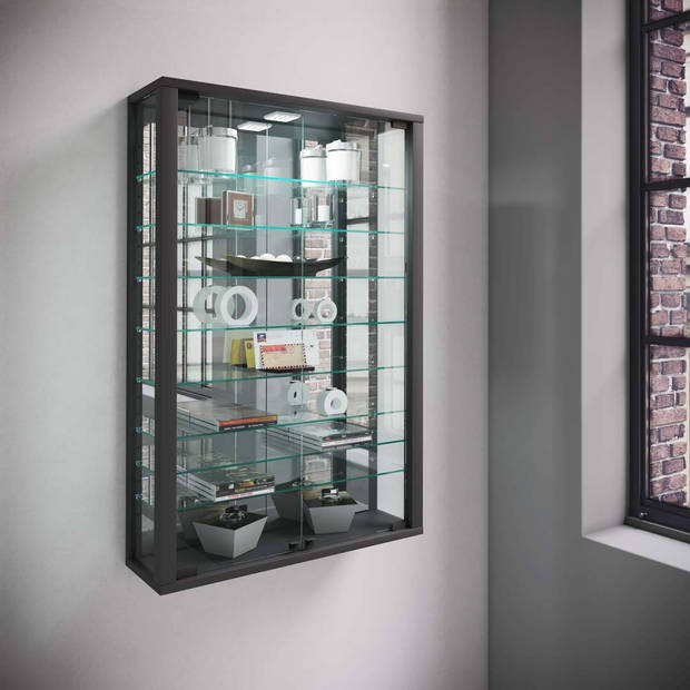 VitrosaMini vitrinekast wandmontage met spiegel 2 glazen deuren Incl. LED-verlichting zwart.