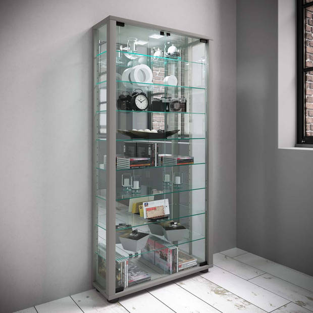 LumoMaxi vitrinekast met spiegel 2 glazen deuren Incl. LED-verlichting zilverkleurig.