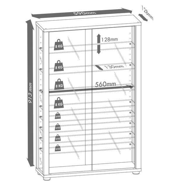 LumoMini vitrinekast met spiegel 2 glazen deuren Incl. LED-verlichting zilverkleurig.