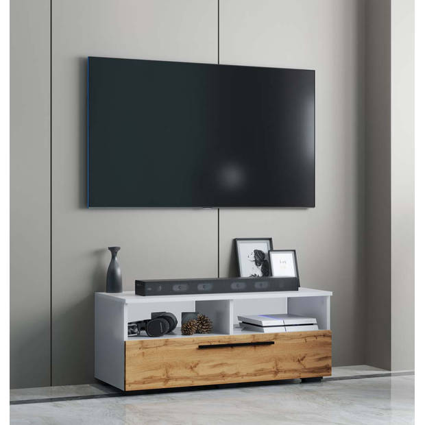 ArilaL TV-meubel 1 kleppe 2 planken wit, eik decor.