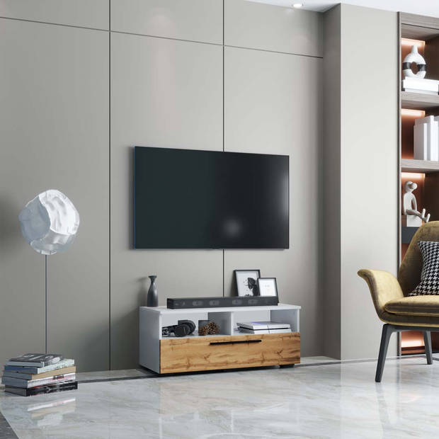 ArilaL TV-meubel 1 kleppe 2 planken wit, eik decor.